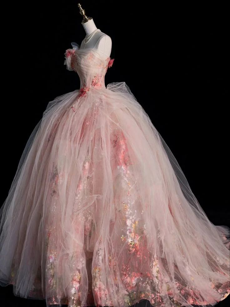 Unique Ball Gown Strapless Pink Flowers Long Quinceanera Dresses Sweet 16 Dress Formal Vestido De 15 Anos W0305 - Deanwangkt