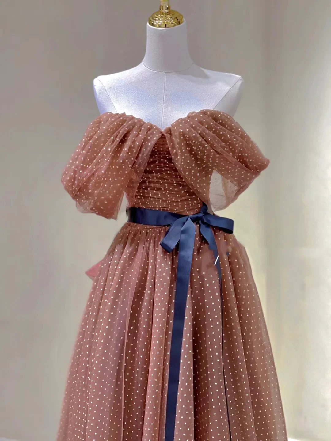 Pretty A line Off The Shoulder Brown Tulle Long Prom Dresses Evening Dresses DP330 - Deanwangkt