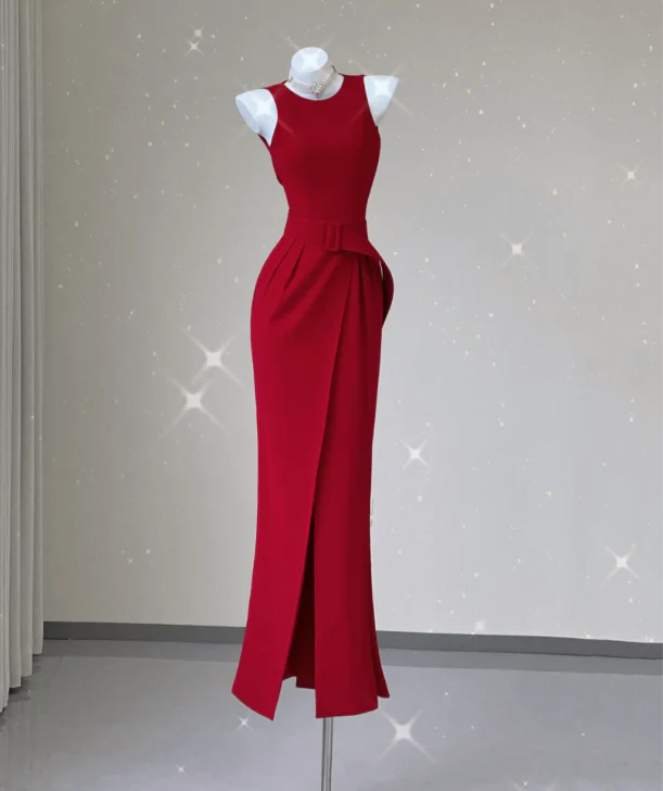 Classy Mermaid Jewel Red Satin Slit Evening Dress Long Prom Dresses P0021 - Deanwangkt
