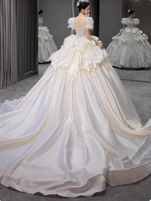 Princess Bridal Dress Ball Gown V-Neck Satin White Beads Long Wedding Dress Modest  Bridal Gowns DP2767 - Deanwangkt