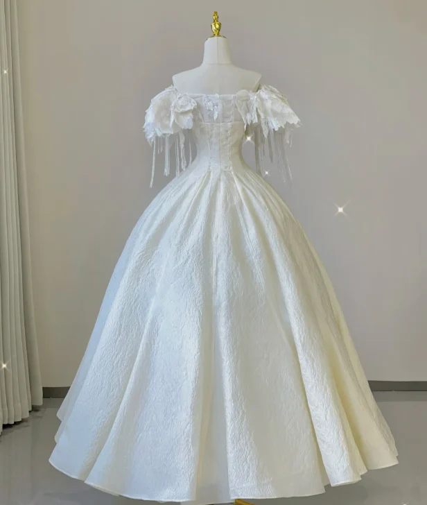 Elegant Ball Gown Off The Shoulder White Lace Short Sleeves Wedding Dresses Brides Dress P0015 - Deanwangkt