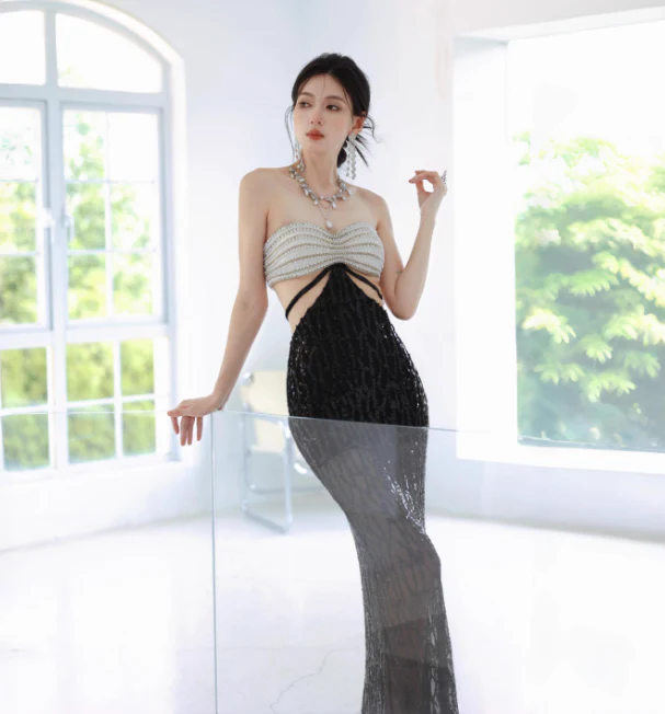 Sexy Strapless Mermaid Long Evening Dresses Beaded Sequin Party Dresses Black Prom Dresses  DP3306 - Deanwangkt