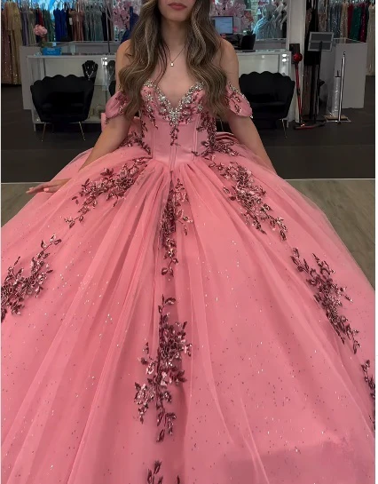 Cute Off-the-shoulder Ball Gown Tulle Long Prom Dresses Applique Pink Quinceanera Dresses Sweet 16 Dresses DP3902 - Deanwangkt