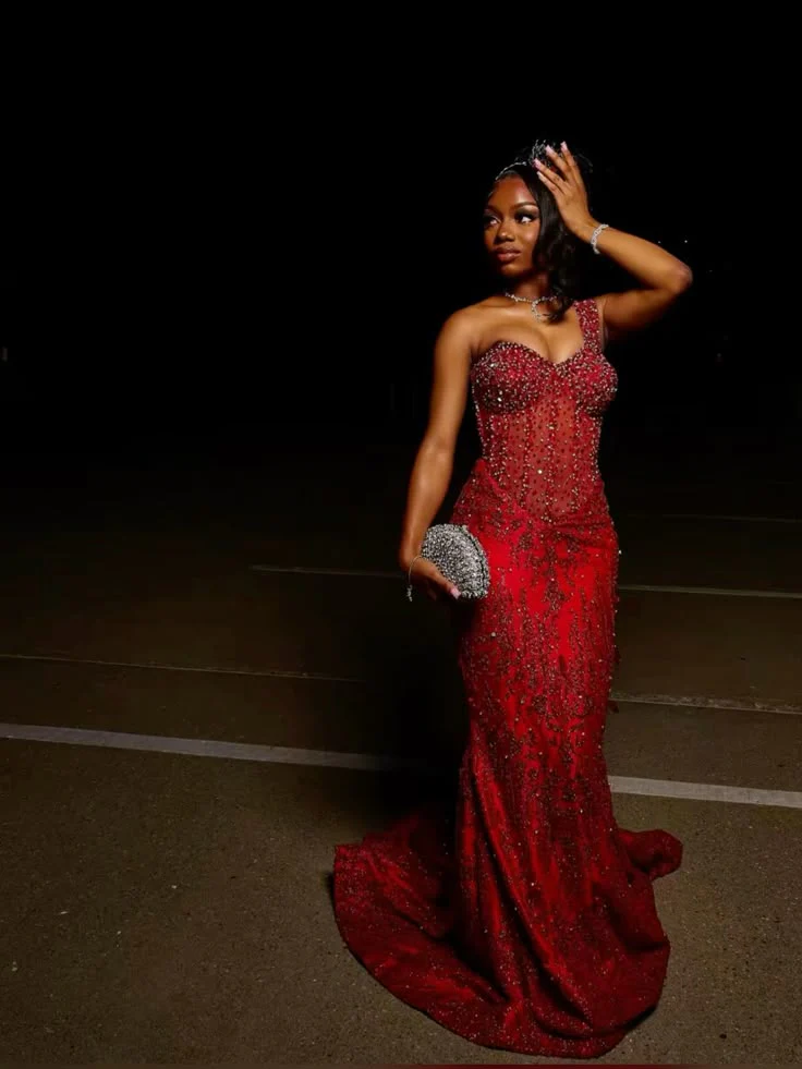 Vintage Mermaid One Shoulder Burgundy Beads Sleeveless Long Prom Dresses Party Dress Black Girl Outfits Graduation Dresses W0421 - Deanwangkt