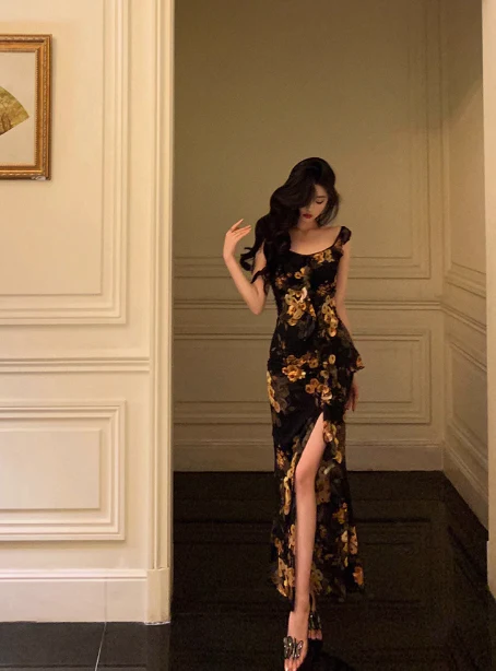 Elegant Mermaid Black Floral Chiffon 18th Birthday Dress Party Gown Birthday Outfits Birthday Dress Ideas For Women DP603 - Deanwangkt