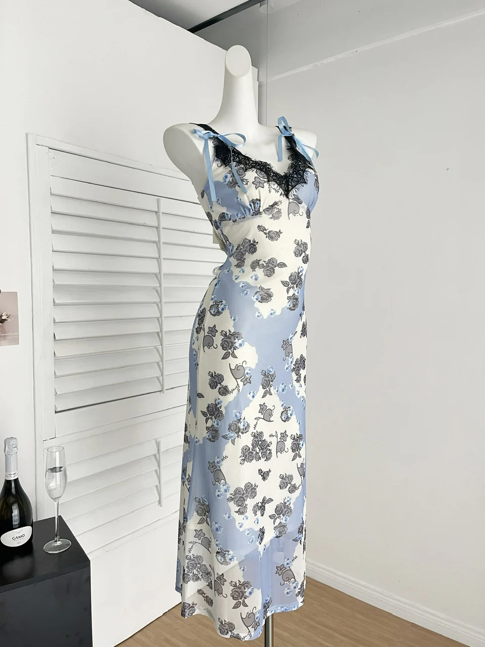 Sexy Sheath Straps Floral Blue Summer Dress Holiday Party Outfits For Women DP0112 - Deanwangkt