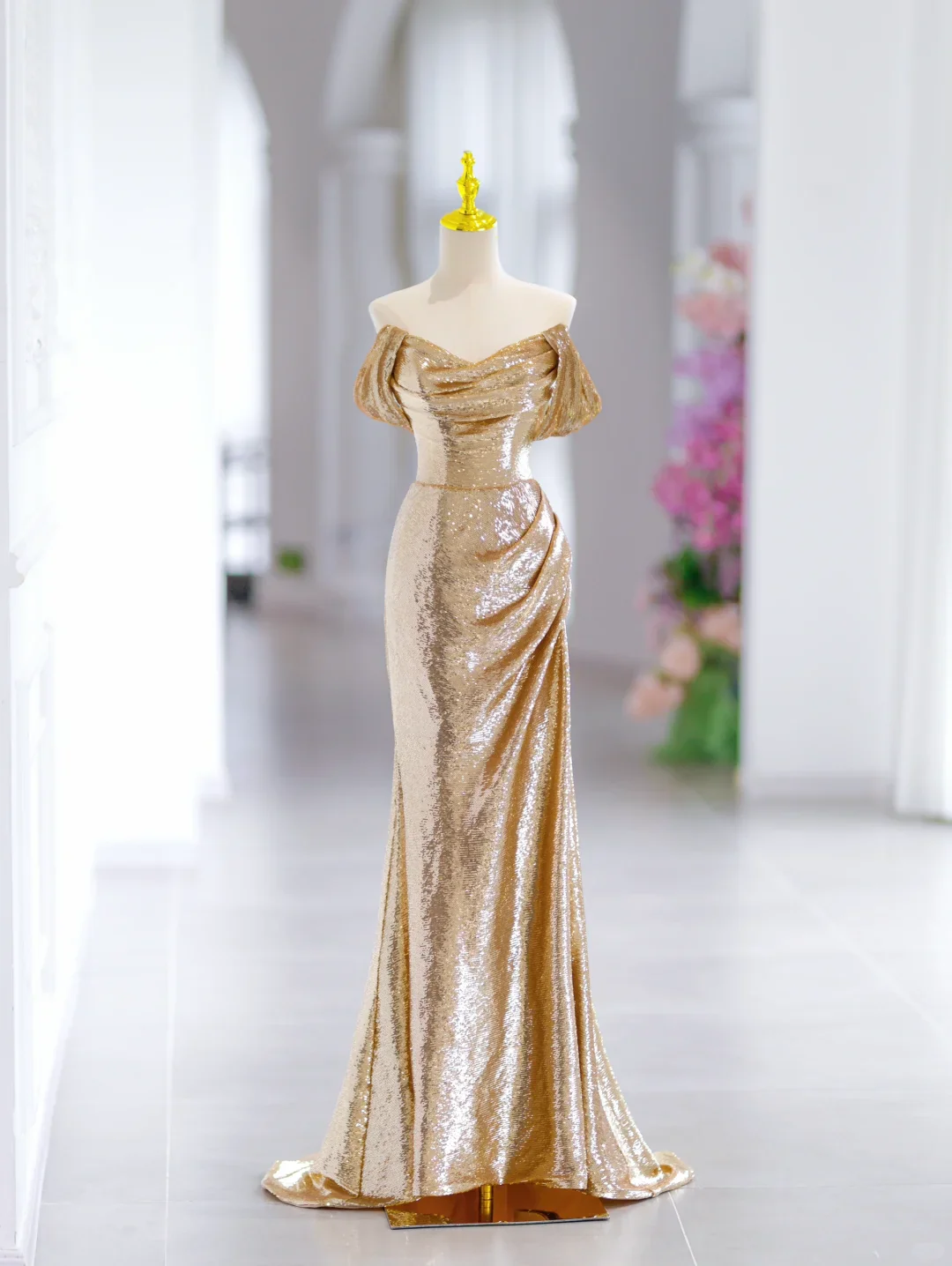 Modest Mermaid Off The Shoulder Gold Sequin Long Evening Party Gowns Evening Dress Special Formal Dresses Prom Dress DH2791 - Deanwangkt