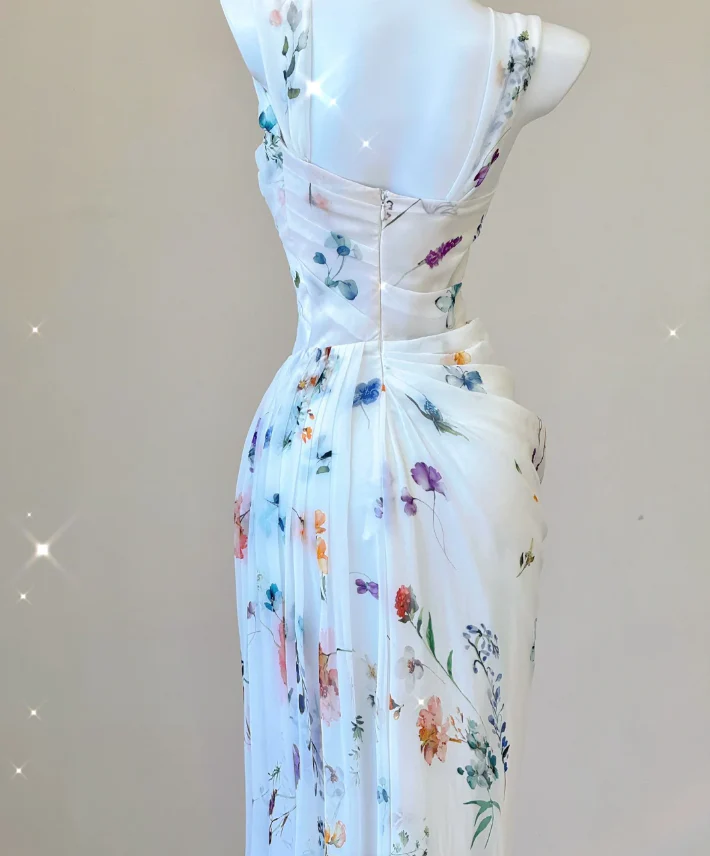 Classy Mermaid Square Neckline Floral Chiffon White Long Prom Dresses P0007 - Deanwangkt