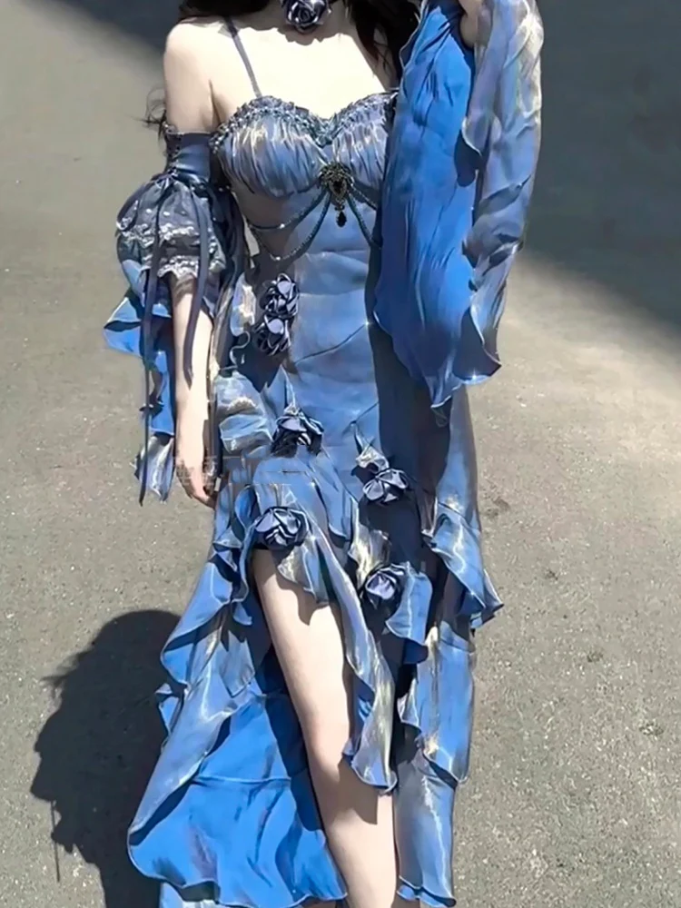 Vintage High Low Spaghetti Straps Blue 16th Birthday Dress Lolita Dress Satin Birthday Outfits DP0218 - Deanwangkt