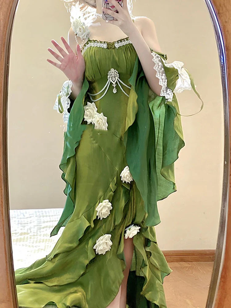 Vintage High Low Spaghetti Straps Green 16th Birthday Dress With Sleeves Lolita Dress Satin Birthday Outfits DP0223 - Deanwangkt