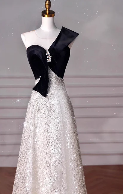 Elegant A-Line One Shoulder Evening Gown Black Sparkly Formal Dress Sequin Long Prom Dresses DP2790 - Deanwangkt