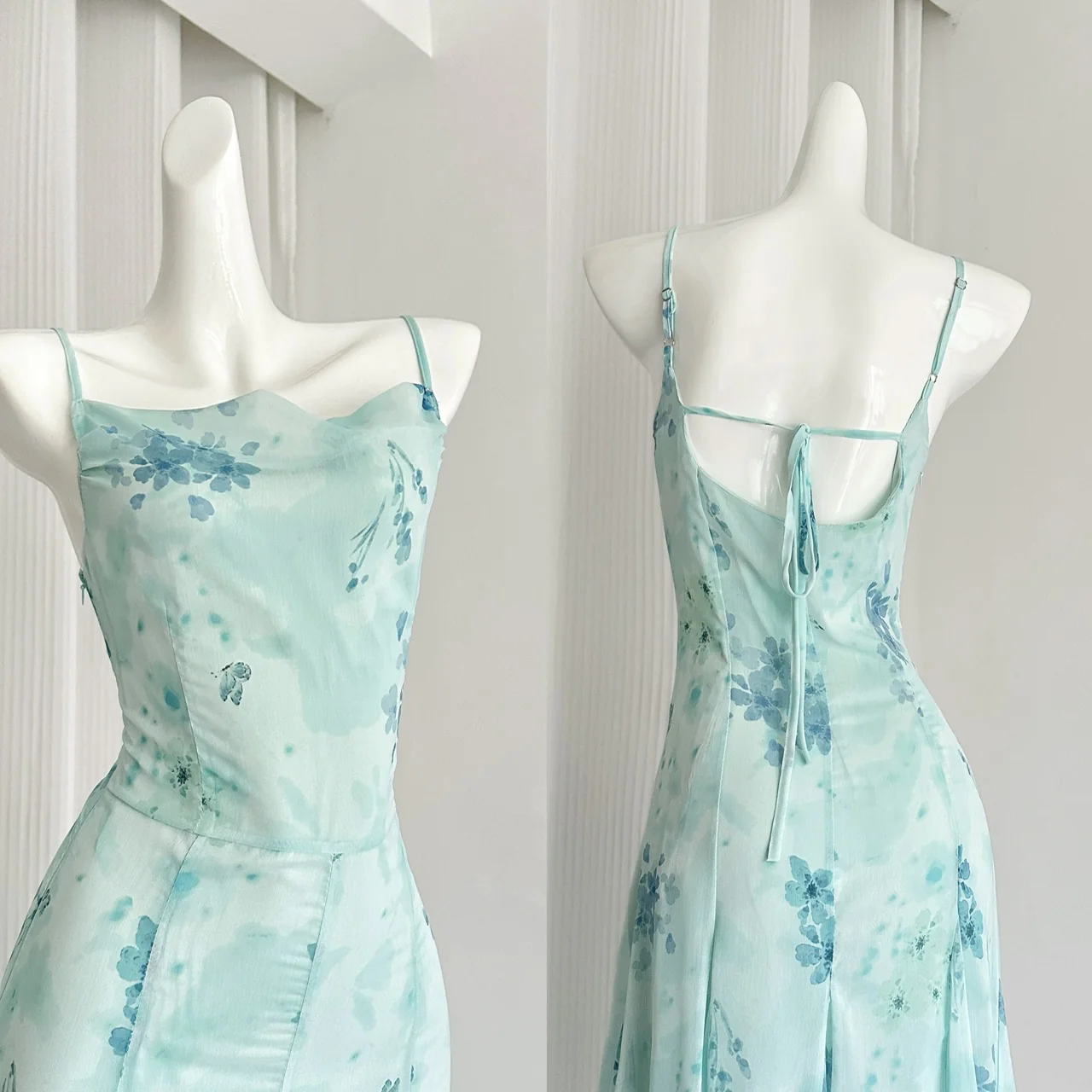 Sexy Mermaid Spaghetti Straps Floral Blue Summer Dress Holiday Party Outfits For Women DP0085 - Deanwangkt