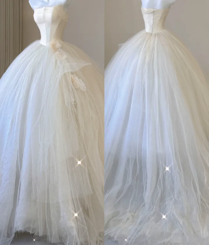 Elegant Ball Gown Strapless Tulle Satin Wedding Dresses Long Brides Dress P0006 - Deanwangkt