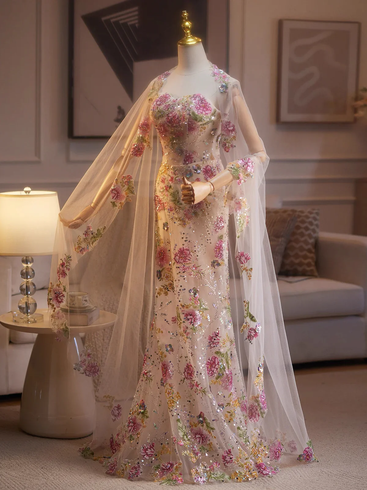 Glam Strapless Mermaid Tulle Long Prom Dresses, Floral Formal Evening Dresses DP3165 - Deanwangkt