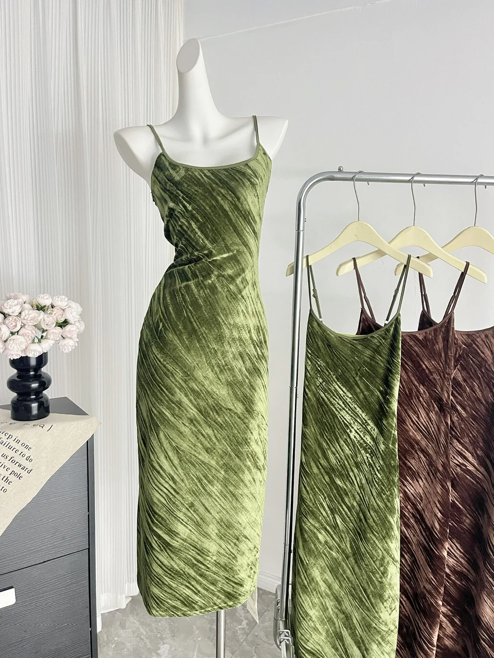 Sexy Mermaid Spaghetti Straps Velvet Green Summer Dress Holiday Party Outfits For Women DP0093 - Deanwangkt