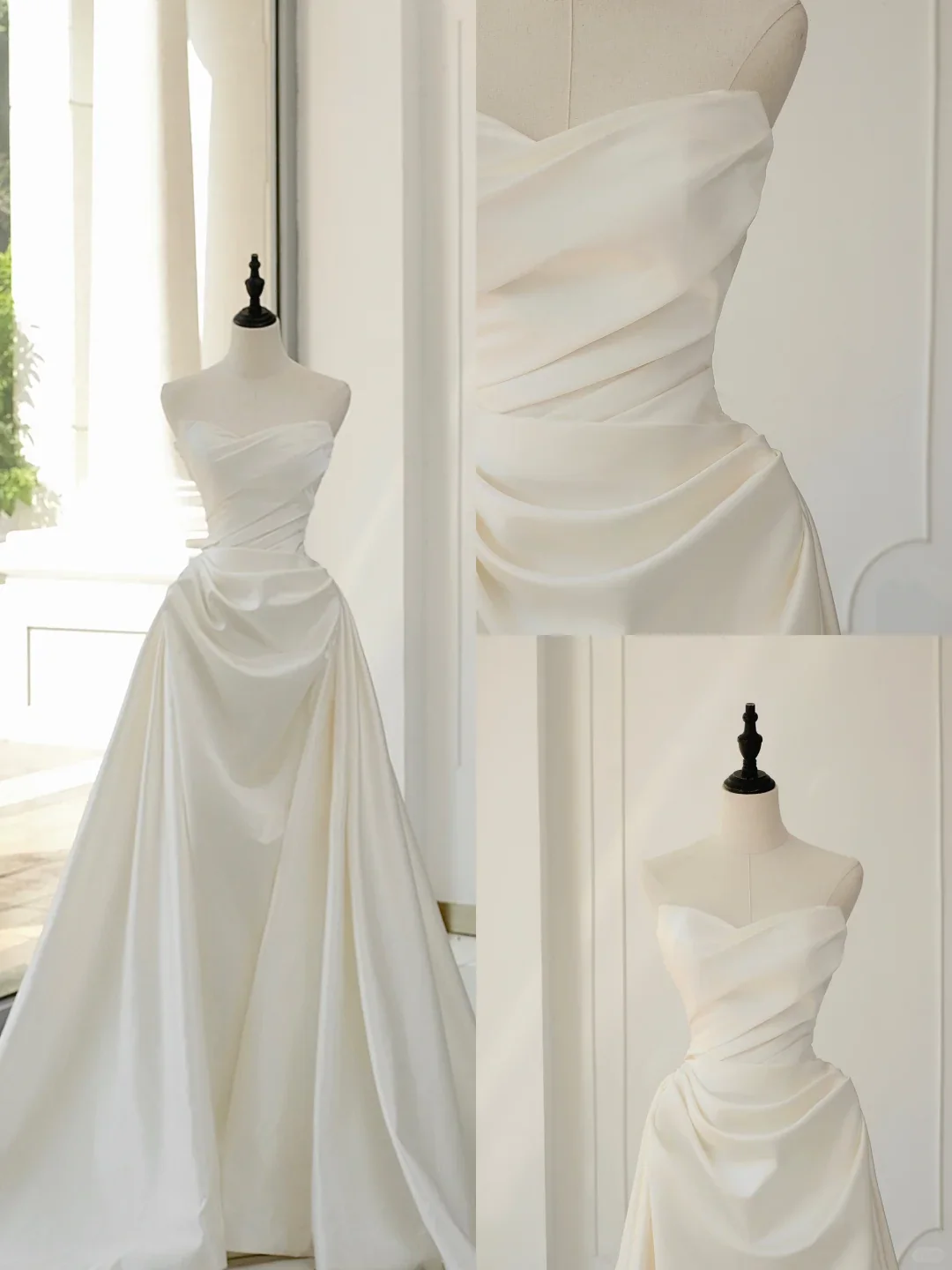 Timeless Bridal Gown Ball Gown Strapless Satin Pleated Sleeveless Long White Wedding Dresses Elegant Bridal Gowns DH893 - Deanwangkt