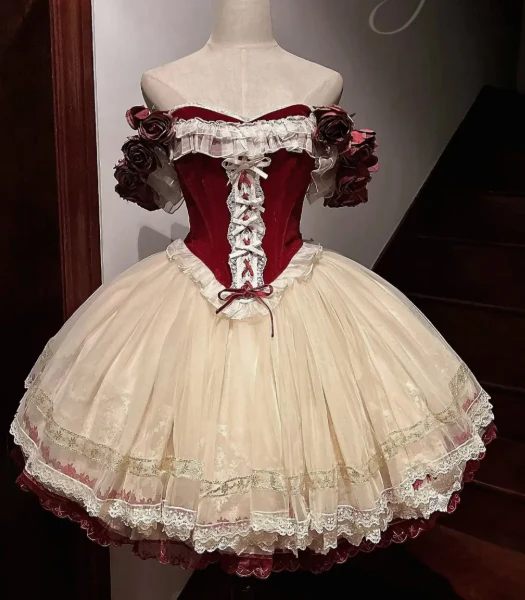 Princess Off-the-Shoulder Ball Gown Lace Tulle 18th Birthday Dresses Burgundy Lolita Dress DP3198 - Deanwangkt