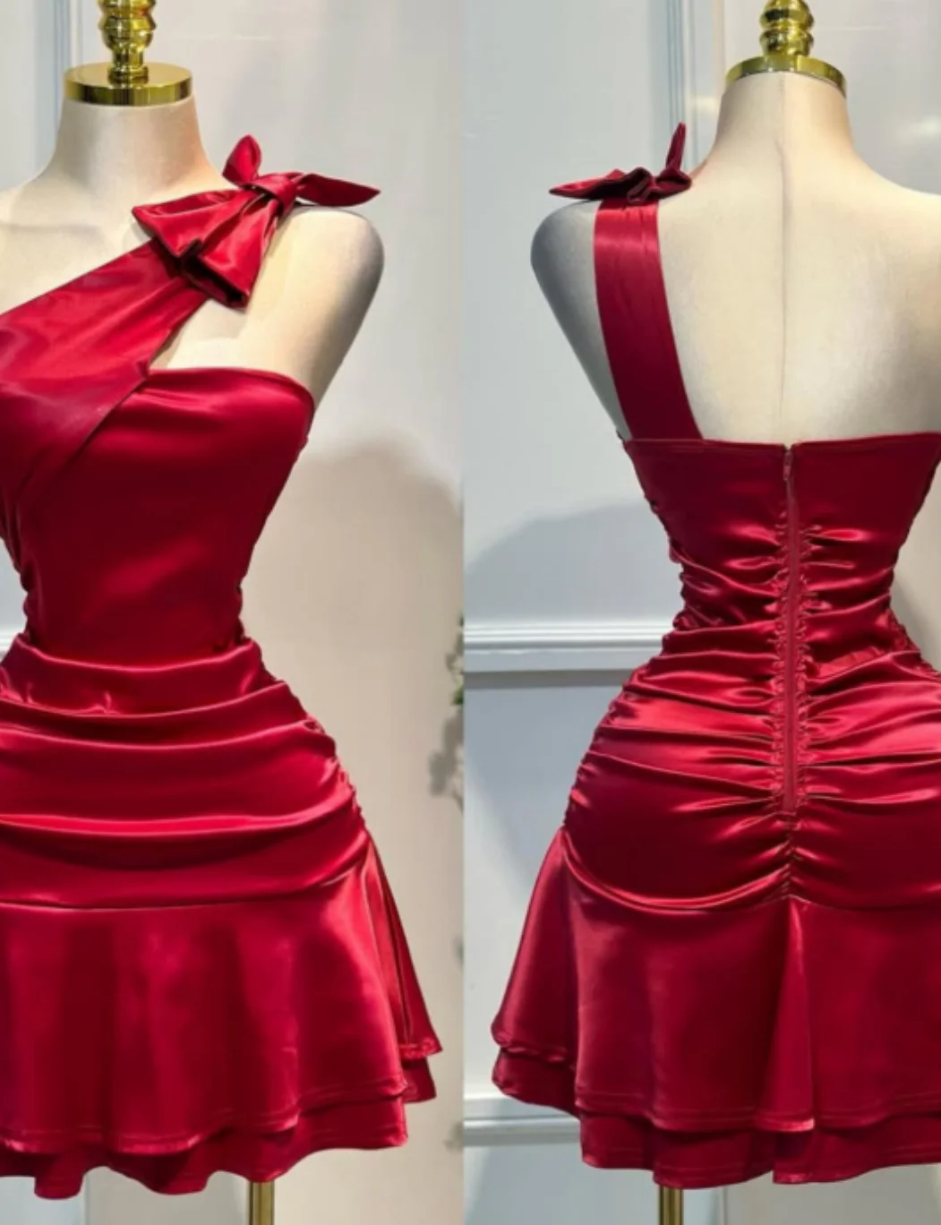 Fashion One Shoulder Sheath Short Party Dress Satin Burgundy Homecoming Dress DP2953 - Deanwangkt