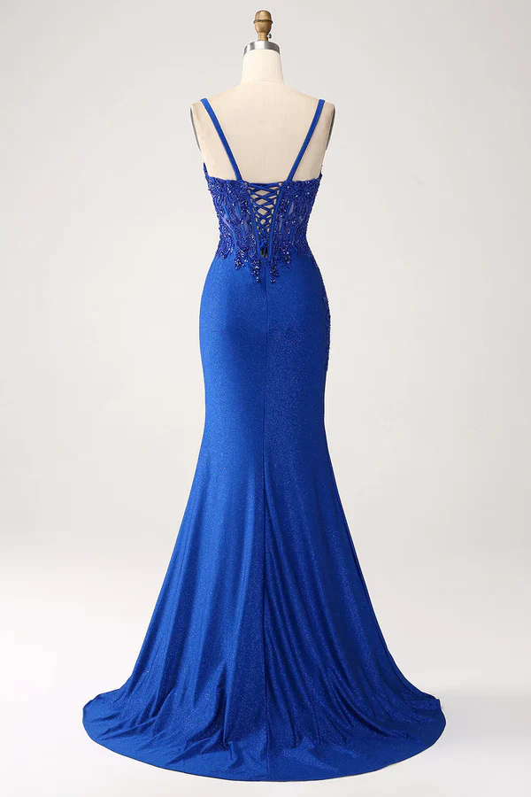 Luxury Sequin Royal Blue Mermaid Thin Shoulder Strap Sticker Long Prom Dress Evening Dresses DP296 - Deanwangkt