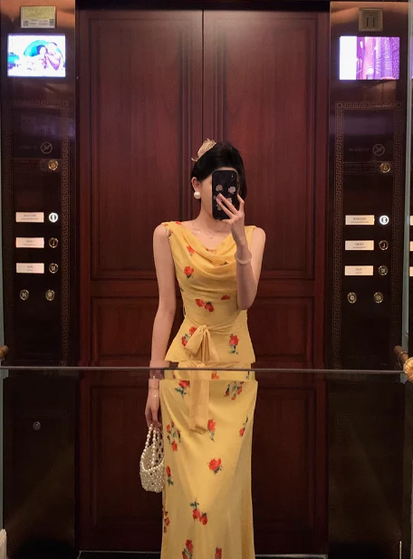 Cute Mermaid Yellow Chiffon Sleeveless 18th Birthday Dress Party Gown Birthday Outfits For Women DP0537 - Deanwangkt