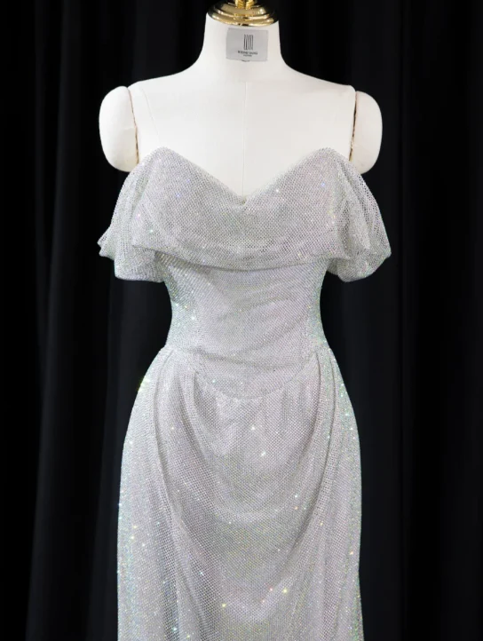 Glam Strapless Sheath Long Prom Dresses Net Silver Evening Dresses DP3336 - Deanwangkt