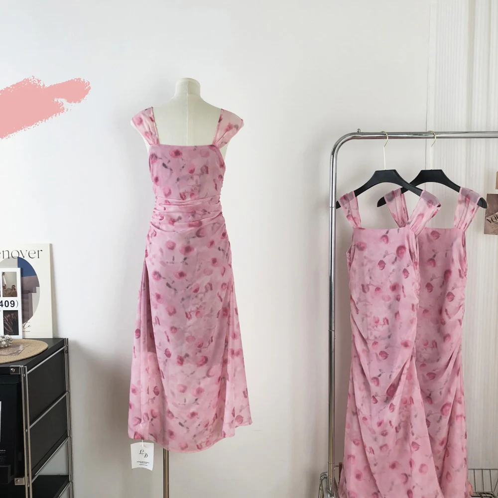 Sexy Sheath Straps Floral Pink Summer Dress Holiday Party Outfits For Women DP0103 - Deanwangkt