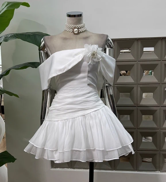 Cute A line Off The Shoulder White Chiffon Summer Homecoming Dress Hoco Dress Mini 16th Birthday Outfit Cocktail Dresses DP2092 - Deanwangkt