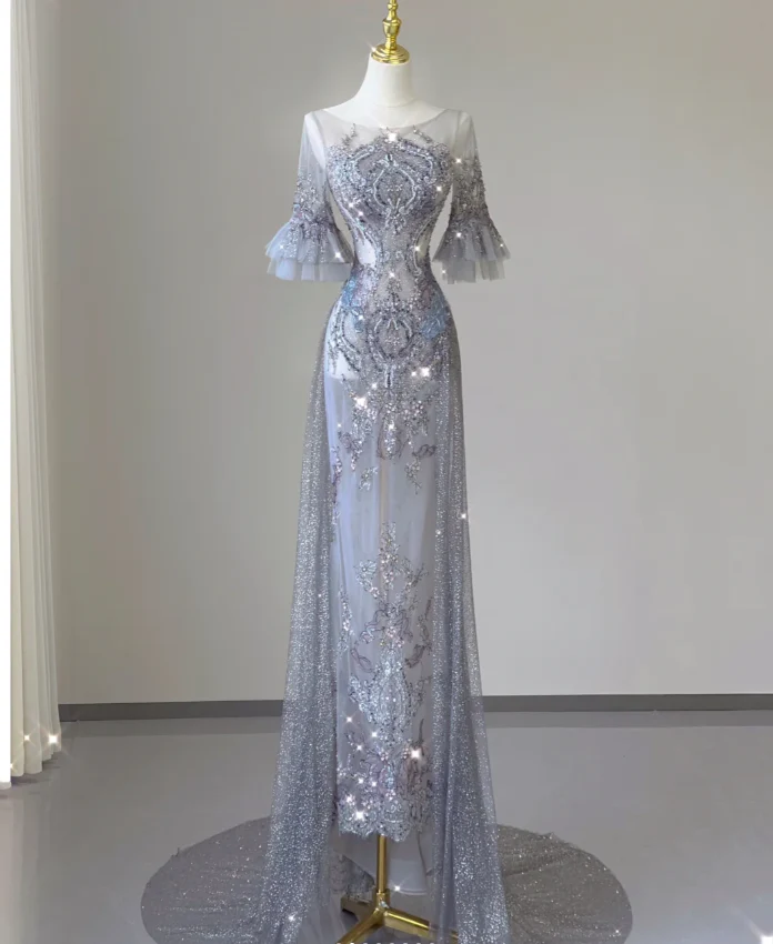 Pretty Mermaid Scoop Lace Short Sleeves Long Silver Prom Dresses Evening Dresses DP449 - Deanwangkt