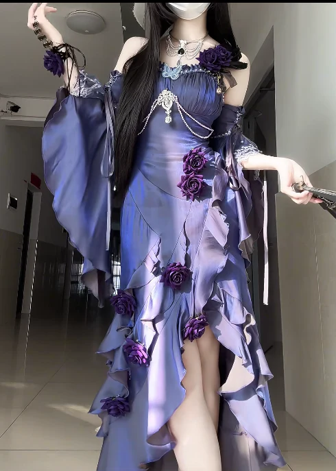 Sexy Spaghetti Strap Sheath Purple Long Prom Dresses Sleeveless Satin Ruffle Purple Birthday Dresses DP3856 - Deanwangkt