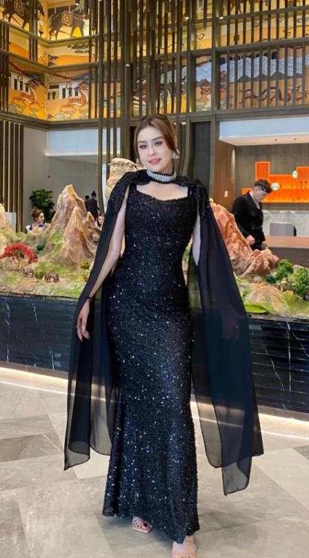 Elegant Sheath Black Long Prom Dresses Tulle Sequin Black Wedding Guest Dresses DP3829 - Deanwangkt