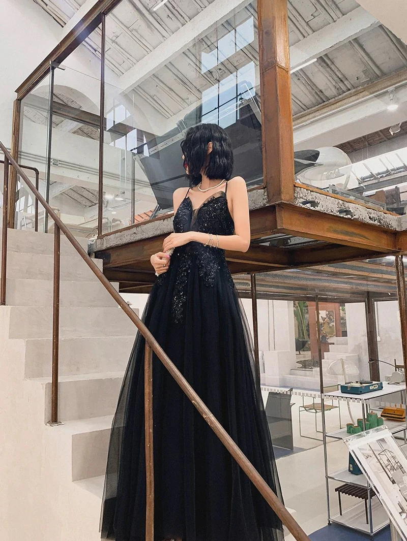 Classy Elegant A Line Spaghetti Straps Black Tulle Long Prom Dresses H2898 - Deanwangkt