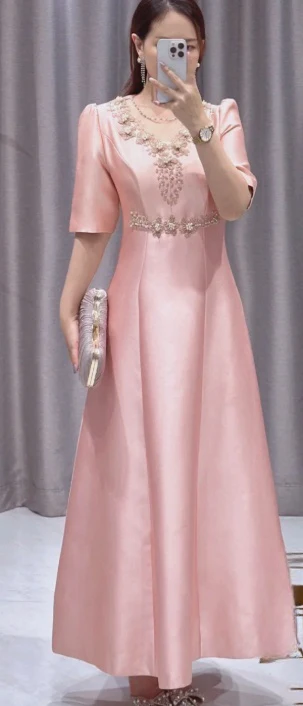 Elegant Pink A-Line Jewel Mother of the Bride Dress Satin Long Evening Gown DP2873 - Deanwangkt