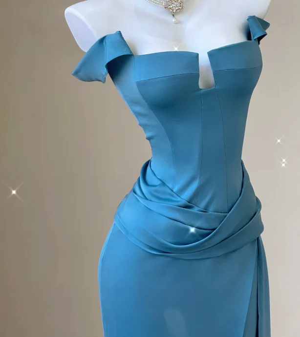 Classy Mermaid Strapless Blue Satin Evening Dress Long Prom Dresses P0009 - Deanwangkt