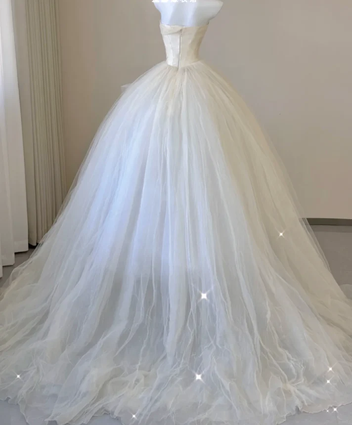 Elegant Ball Gown Strapless Tulle Satin Wedding Dresses Long Brides Dress P0006 - Deanwangkt