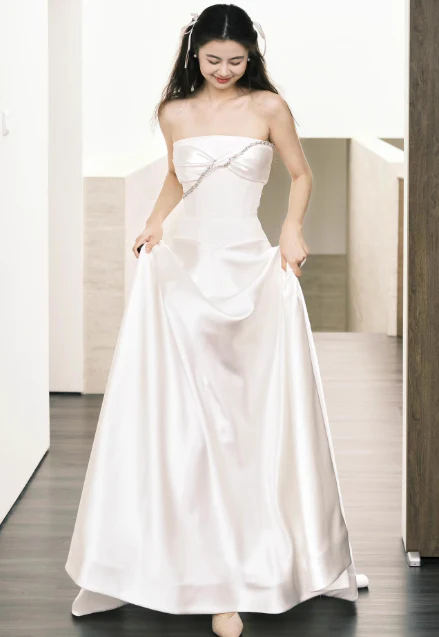 Modest Sheath Satin Wedding Dresses, Sleeveless Bridal Gowns White Wedding Gowns DP3072 - Deanwangkt