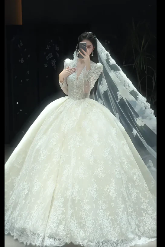 Luxury Ball Gown Long Wedding Dresses Lace Applique White Bridal Gowns Long Sleeve Bridal Dresses DW3792 - Deanwangkt