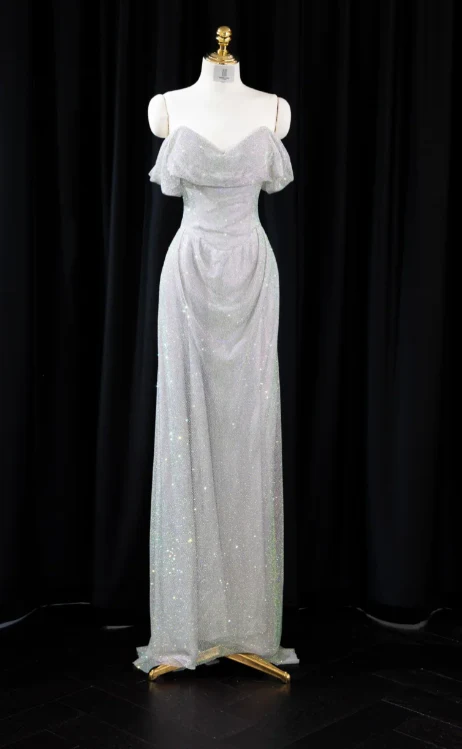 Glam Strapless Sheath Long Prom Dresses Net Silver Evening Dresses DP3336 - Deanwangkt