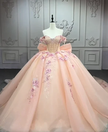 Fairy Off-the-Shoulder Ball Gown Long Prom Dresses Tulle Appliques Orange Pink Quinceanera Dresses Beading Sweet 16 Dresses DP3691 - Deanwangkt