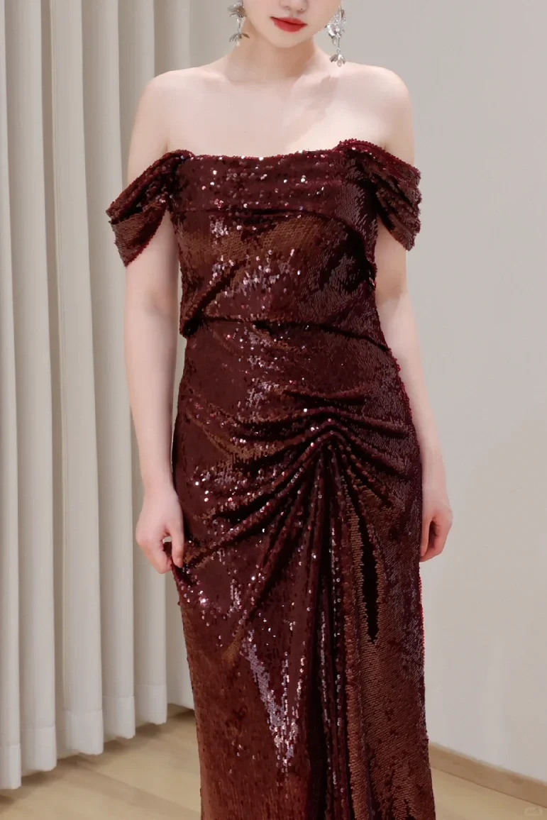 Gorgeous Mermaid Off The Shoulder Burgundy Sequin Long Prom Dresses Graduation Dresses DP673 - Deanwangkt