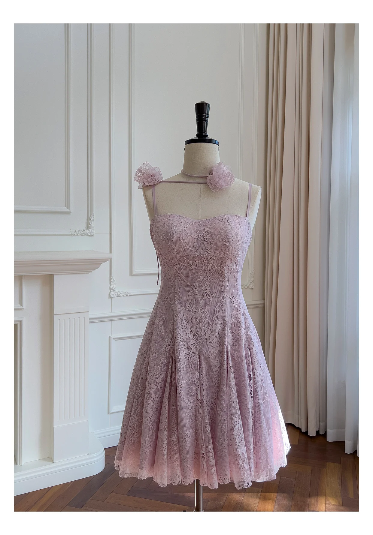 Pretty A Line Spaghetti Straps Pink Lace Short Formal Homecoming Dresses Middle School Short 21st Birthday Outfits Graduation Dress Mini Cocktail Dresses DH2302 - Deanwangkt