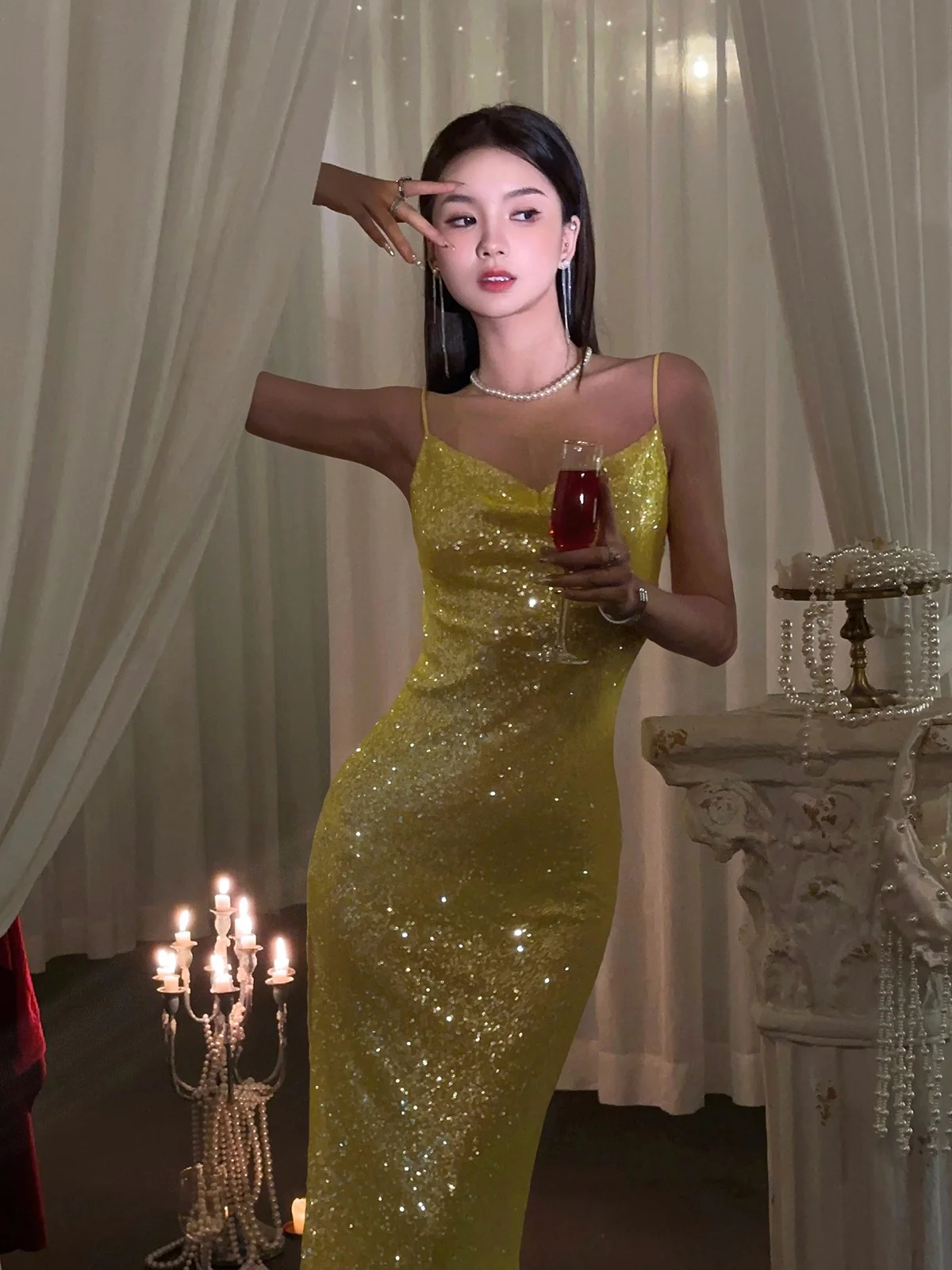 Classy Mermaid Spaghetti Straps Yellow Sequin Prom Dresses Summer Wedding Guest Dresses Wedding Guest Outfits DP751 - Deanwangkt