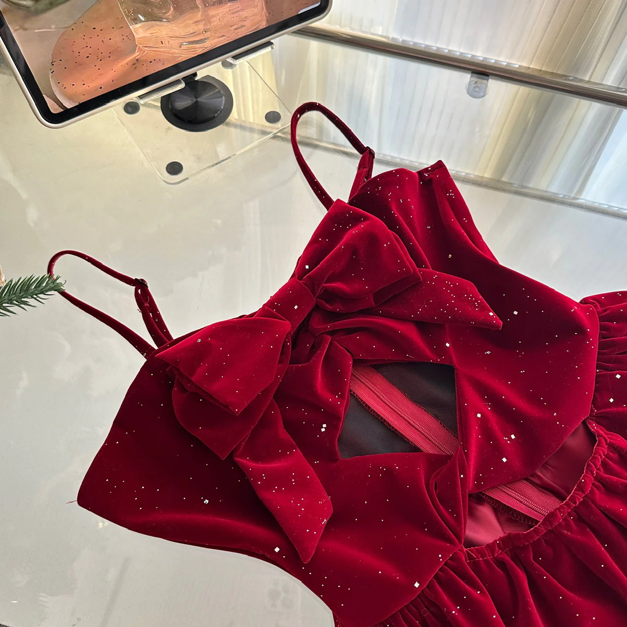Cute Spaghetti Straps Red Ruffles Velvet Summer Dress 3 Pieces Holiday Party Outfits For Women DP0092 - Deanwangkt