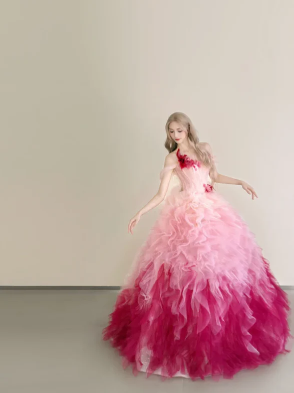 Cute Ball Gown Gradient Pink Long Prom Dresses Strapless Tulle Sleeveless Gradient Pink Quinceanera Dresses Sweet 16 Dress DP3822 - Deanwangkt