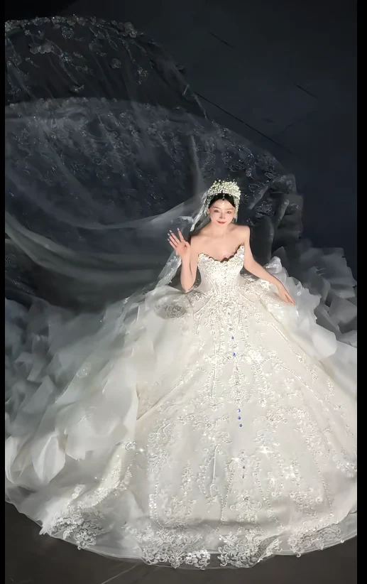 Elegant Strapless Ball Gown Tulle Beaded Wedding Dress, White Bridal Gowns DP3026 - Deanwangkt