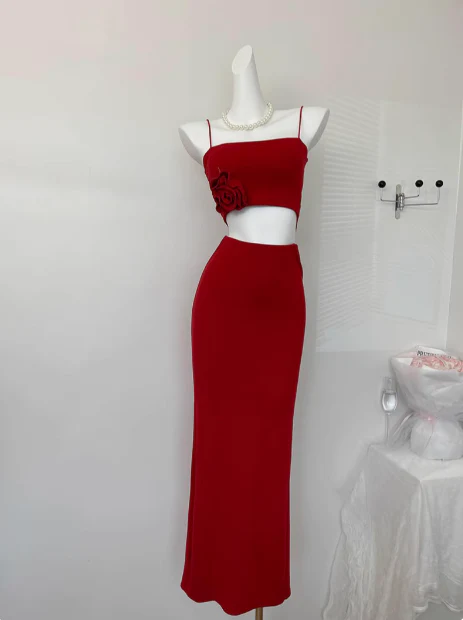 Cute Mermaid Spaghetti Straps 2 Pieces Red Long Summer Dress For Women DP0013 - Deanwangkt