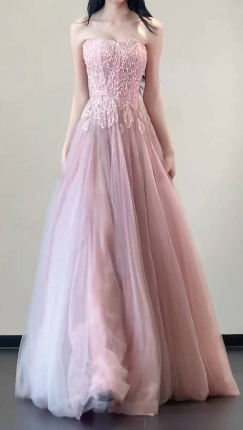 Gorgeous Strapless A-Line Long Prom Dresses Tulle Pink Sweet 16 Dresses DP3273 - Deanwangkt