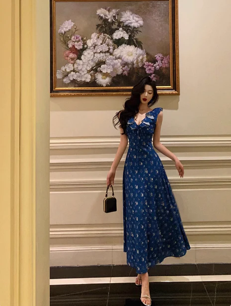 Classy A line V Neckline Blue Chiffon Sleeveless 18th Birthday Dress Party Gown Birthday Outfits Birthday Dress Ideas For Women DP557 - Deanwangkt