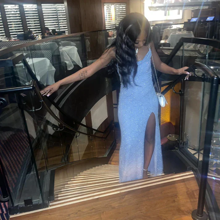 Sparkly Blue Sequins Sheath Evening Party Dress with High Slit Long Prom Dress Formal Dress DP288 - Deanwangkt