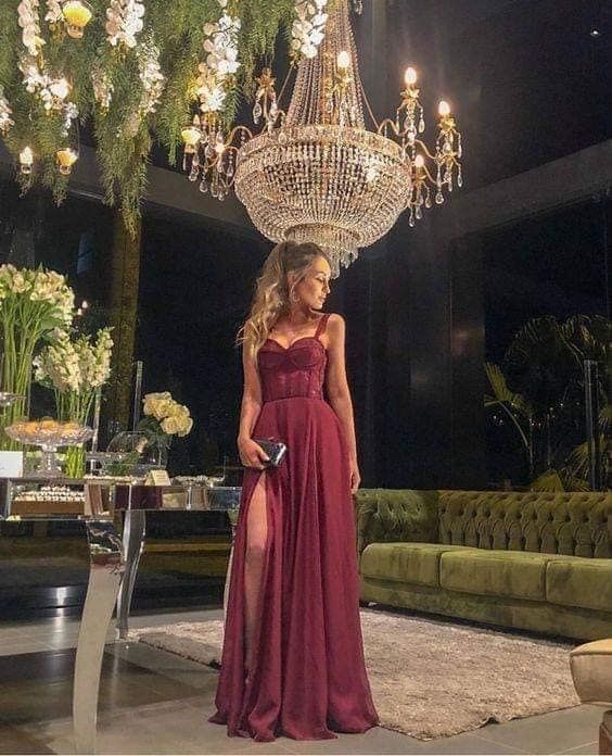 Fancy A Line Straps Burgundy Lace Slit Chiffon Sleeveless Long Evening Dress Party Gowns Evening Special Formal Dresses Prom Dress DH192 - Deanwangkt