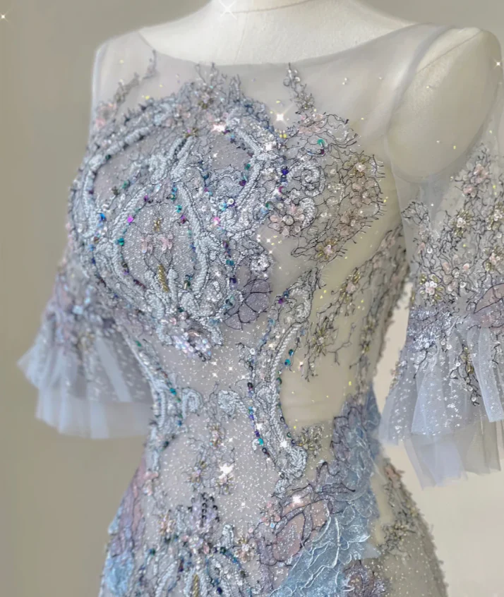 Pretty Mermaid Scoop Lace Short Sleeves Long Silver Prom Dresses Evening Dresses DP449 - Deanwangkt